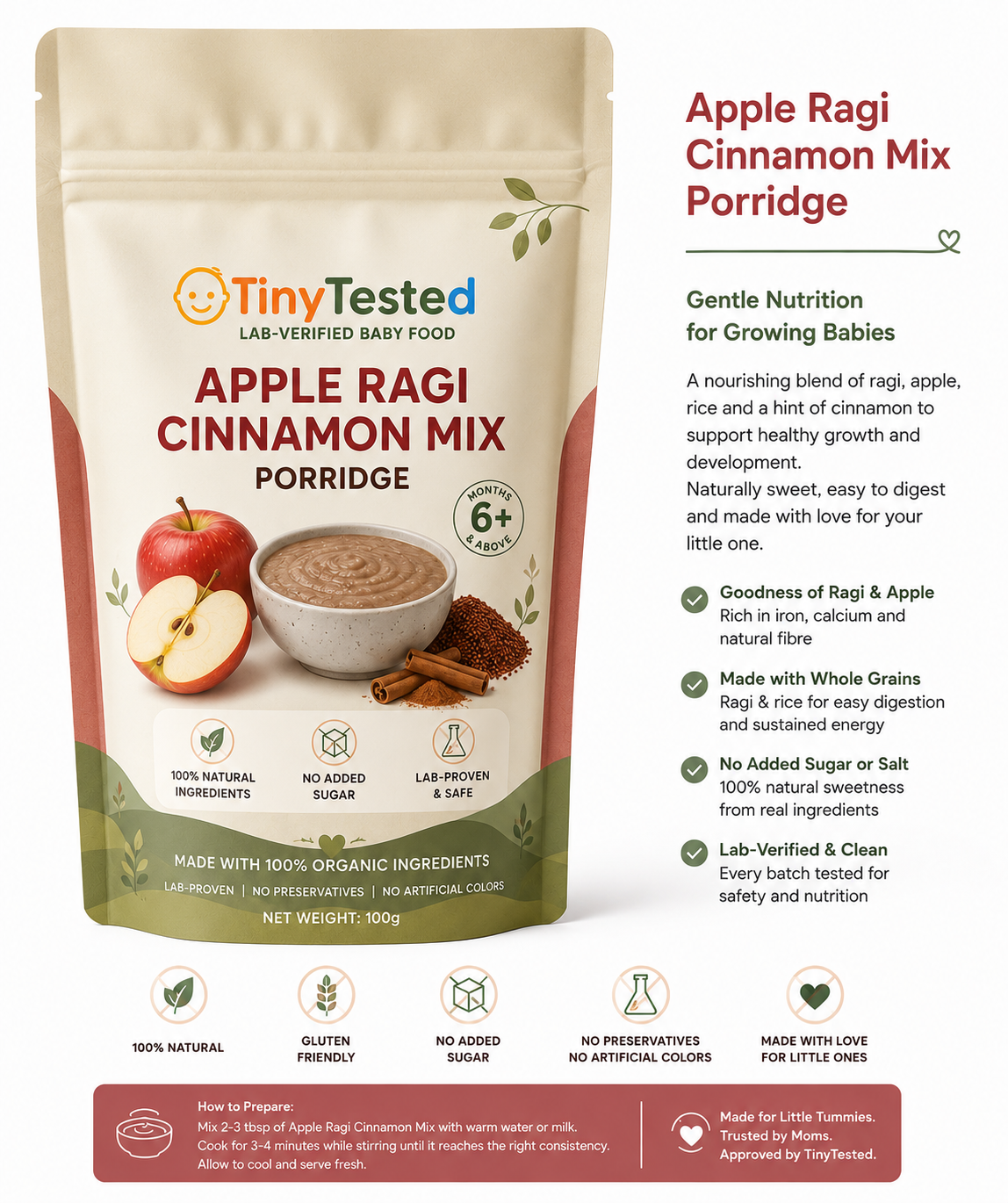 TinyTested Apple Ragi Cinnamon Mix Porridge (8+ Months)